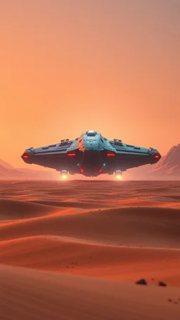 realistic photo of a landscape covered in sands that looks futuristic with futuristic lighting , a huge spaceship in the middle