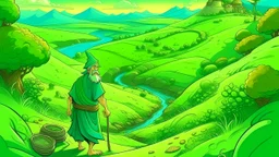 fantasy cartoon style illustration; ) In the green hills of the emerald isle lived a very poor man called Nile.