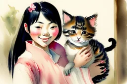 A cute smiling asian girl is holding a kitten. Watercolour