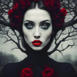 a photo of gothic girl, surrealism style, dali, tree eyes in your face, red lips