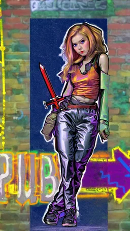 teen woman in retro-futurist cyberpunk costuming with pants and sheathed swords leaning to the side with shoulder against a brick pillar, add a background of brick with graffiti of a large arrow pointing to the right and text of the word "PUB" on lower left