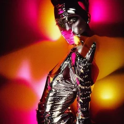 A 1990s or early 2000s magazine photoshoot. Neon blob, metallic spikes, ethereal. Extremely detailed, HD photography, high quality, stylized, dramatic, high contrast, high exposure.