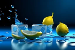 ice cubes and lemon slices on blue background, extremely photorealistic details, realistic high detail, high resolution, 4k