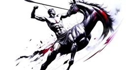 mythical figure Heracles shoots the centaur Nessus with his arrow, minimalist charcoal drawing, shard splatter, kinetic dynamism, dramatic angle, colors of black, grey and a little deep dark red