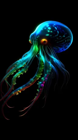 a fantastic and wonderful multicolor Bioluminescent aquatic avatar like creature from the abyss on a plain black background