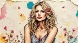 abstract art complementary colors fine details , old torn worn paper, peeling, high grain, portrait blonde , flowers in hair, acrylic, alcohol ink, fine drawing, A blonde woman in her 40s, with flowers woven into her loose, curly hair, sits in a whimsical, dreamlike setting, surrounded by delicate swirling patterns reminiscent of the textures of old torn paper, in a vibrant, abstract style combining acrylic and alcohol ink techniques, with fine detailing that highlights complementary colors, in