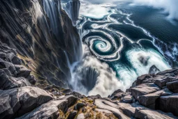 at the base of the rocky mountain peninsula, a great whirlpool waterfalls into deeper unknown depths