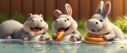 realistic ghibli crazy cute small fluffy hippo bunny with friends, eating hot dogs