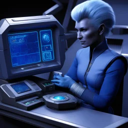 [the tricorder is plugged with a cable on the console] The Andorian communication officer delicately plugged the tricorder into the console, the soft blue light casting a gentle glow over their indigo skin. The device hummed to life, displaying intricate data streams and complex readings on the viewscreen.