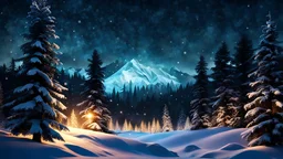 polygonal art,photo of a snowy fir forest,midnight hour,fireflies,lakeside,8k, volumetric lighting,