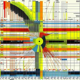 schematic of solar wind patterns cross referenced with warming trends, glitch textures, geometric art, straight lines and precise arcs, mind-bending illustration; asymmetric, chaotic science schematic, by Squeak Carnwath and Graham Sutherland