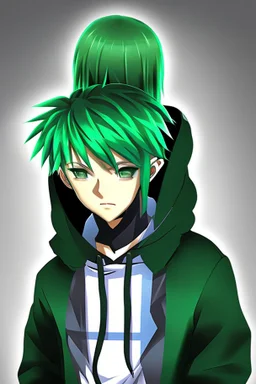 Anime Young man with green hair wearing a hoodie realistic