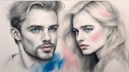 portrait of a man and a blonde woman, love, charcoal, pencil, pink lips, blue eyes, fine drawing, hand with a brush