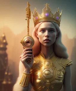 Statue of Queen of photography holding camera in hands. Cute blonde woman. Photographer in golden crown. Standing on the street. Big camera in her hand. hyperdetailed, photorealistic, trending on artstation, greg rutkowski, beksinski, kodachrome, volumetric lighting, gold and cyan