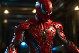 Spider man in a mega cool red iron super suit with spikes on his arms and shoulders, hdr