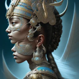 Sango fantasy, fantasy magic, intricate, sharp focus, illustration, highly detailed, digital painting, concept art, matte, art germ and Paul Lewin and Kehinde Wiley, masterpiece Mayan princess dancer head bronze feather's' Asian Latin girl nice breast brown Thai hair turquoise silver blue sky