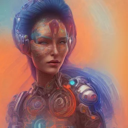 a beautiful and colorful facing portrait of one cyber punk woman shiva in 3D rendering with a mandala background blue and orange color scheme