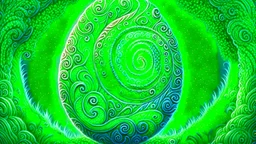 Fantasy digital illustration: magical green swirly stone gem with Hawaiian carvings.