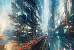 Art by John Berkey and John Harris and alena aenami, futuristic cyberpunk city, high rise, smooth, sharp focus, hyper detailed, digital painting, elegant, centered, buildings connected through platforms, japanese neon signs, volumetric lightning, brutalist architecture, 8k