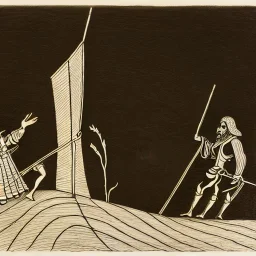 hand drawn in single line by Nicolai Blatter with hatch with parallel wavy lines metal engraving representing the Adventures of Don Quixote de la Mancha in bosch style or salvador dali style