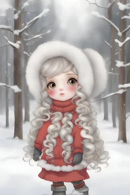 little,doll, girl, long curly hair, big eyes, red cheeks, winter clothes, snow shoes,full view.