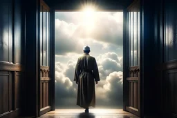 The Imam of people walks as as shadow of light , and his clothes are like the Prophet Muhammad, With a scarf , He walks backwards and looks to the sky with cloud and star , and he walk on sky and cloud, then walk to big wood door , and open it, the flooring is sky and cloud only , with effect of oil painting and Cinematic lighting