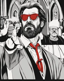 hans gruber as an angry priest wearing red sunglasses