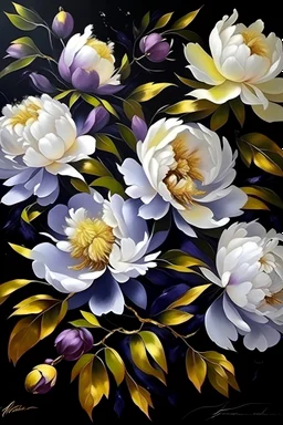 painting of white small Peonies flowers with gold flowers in center of canvas dark purple background