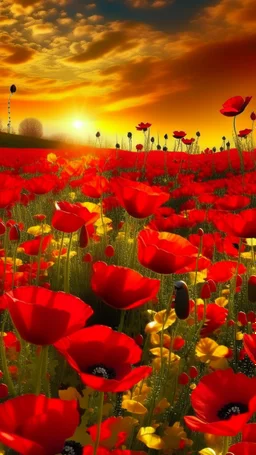 field of beautiful red poppies filled with yellow lights , and white butterflies