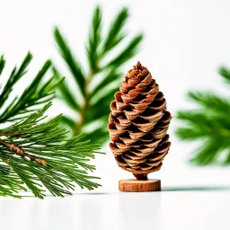 cedar cone, a piece of wood and a plant on a white background