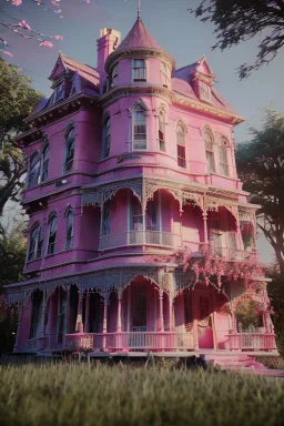 Victorian house with pink flowers, in the style of Camilla d'Errico, hyper detailed, beautiful, complex, trending on artstation, cinema4d, cryengine, national geographic photo, chiaroscuro