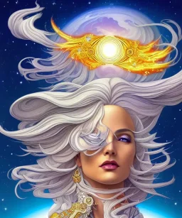 celestial sky, astronomy, platinum blonde woman on fire, psychedelic, intricate, elegant, highly detailed, background fire sky, digital painting, artstation, concept art, smooth, sharp focus, illustration, head shot, close up, art by artgerm and greg rutkowski and alphonse mucha, symmetrical eyes, perfect eyes, blue eyes, staring at camera, eye contact