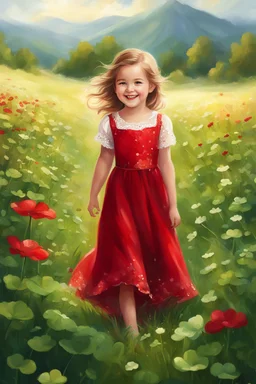 Adorable digital painting of a beautiful little girl in a gorgeous red dress smiling in a field surrounded by clover, high quality