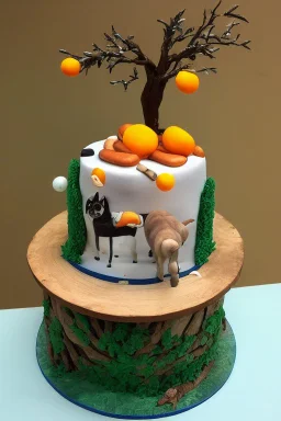 Birthday cake topped with a pool table, apricot tree and a husky dog