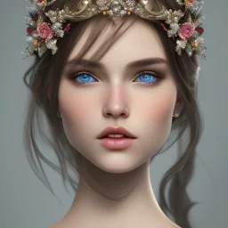 realistic, beautiful young woman with floral crown, hight definition, 8k, symmetric face, perfect eyes