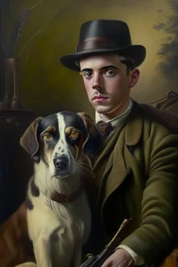 Make me a oil portrait of a very rich person that is 27 Years old from 1920 with a dog and an old rifle