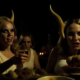 Horror movie shot, spooky, horns, hot, ultra realistic, dine, they enjoy and get excited, ashs, ultra realistic hot blonde women, party, extremely, pieces of organs, ail, dynamic, very excited people, 1970's, Dario Argento, hypermaximalist figures, light, Italian horror movie, sinister, ornate, 4k, photorealism