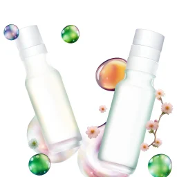 two bottles for cosmetics, behind a beautiful floral spring floral background, top view picture, in the background there are beautiful soap bubbles and molecules, high-quality picture, top view