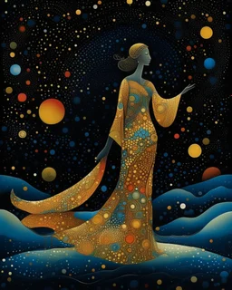 No corners drawing lines dots Kandinsky A full-body pretty African Asian moon goddess draped in flowing celestial fabric walks on water beneath a glowing full moon. Her gown unfurls like clouds, catching starlight and golden dust in the night air. The scene is surreal and divine, with painterly textures and a balance of shadow and illumination vertical Award winning imagery trompe l'oeil 3D surrealism masterpiece of Odilon Redon's dreamlike surrealism. kintsugi painting of abstract squares creat