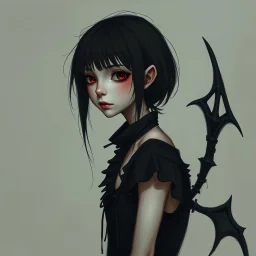 a pretty girl, skinny, dark hair, gothic clothes, dark fantasy, pale, stylised, young, art