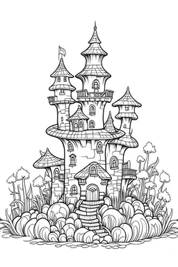 outline art for huge mushroom castle coloring page for kids, white background, sketch style, full body, only use outline, cartoon style, clean line art, no shadows, clear and well outlined