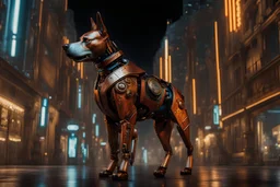 A full-length, cybernetic, rusted metal dog walking down a futuristic city street, at night. 8k ultra detail, baroque painting by AI, Vibrant, eye-catching, intricate details, elaborate, 32k Portrait photography, UHD
