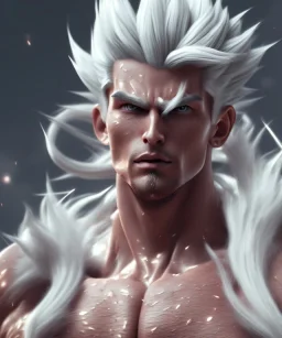 Goku, matrix style, white hair, fighting pose, muscular body, shirtless, volumetric details, hyper realism, unreal engine 5