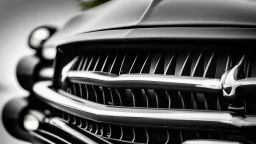 Photograph of a the front grill of a gorgeous, expensive, oldschool black muscle car with a big, black front grill, realistic, stylish, taken up close, symmetrical