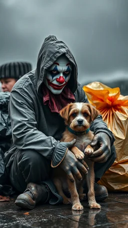 A sad hooded homeless clown with ugly clown make up sitting with his small dog , beside him with trash bags , in the background a, dark cloudy rainy weather