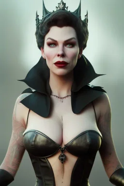 Hannah Waddingham as evil queen in black leather, busty, cleavage, curvy, rebecca Welton, angry, stern look. character design by cory loftis, fenghua zhong, ryohei hase, ismail inceoglu and ruan jia. unreal engine 5, artistic lighting, highly detailed, photorealistic, fantasy