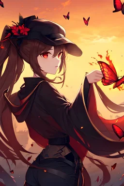 1girl, the soul of fire, magnificent and endless trial, brown hair, black bow hat, two long ponytails back, red eyes, black nails, black shorts, wide black sleeves, rings on hands, open lips, gloominess, darkness, broken, red flowers, fire butterflies, sunrise