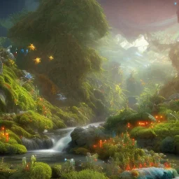  scifi landscape, bioluminsescent plants, 8k resolution, dynamic lighting, ultra hyperdetailed, waterfalls, ultra colourful flovers,, very small details, realistic.