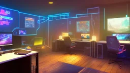 Dimly lit gaming room, with a single desk with a gaming PC, two monitors on the desk, gaming chair, room is filled with neonlights, night time, atmospheric, detailed.