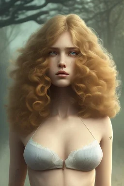 1970's porno model , cute, big droopy eyes, angelic face with minor blemishes, beautiful, long orange flowing hair, wavy hair, curly hair، black eyes, head and shoulders portrait, cinematic, misty atmosphere, 8k, resolution concept art portrait by Greg Rutkowski, Artgerm, WLOP, Alphonse Mucha dynamic lighting hyperdetailed intricately detailed, bokeh, Stunning 8k ektar film scan